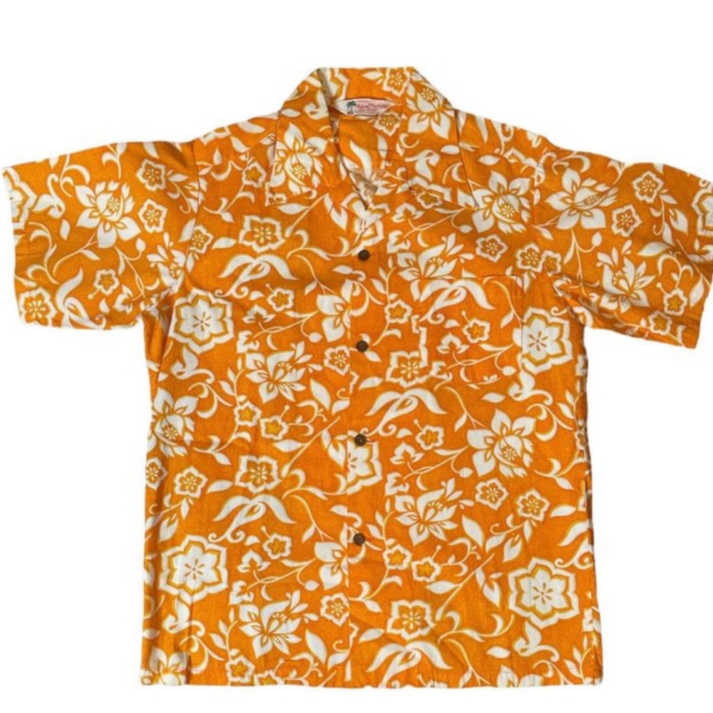Vintage Orange 60s Tiki Hawaiian Mens Large Shirt